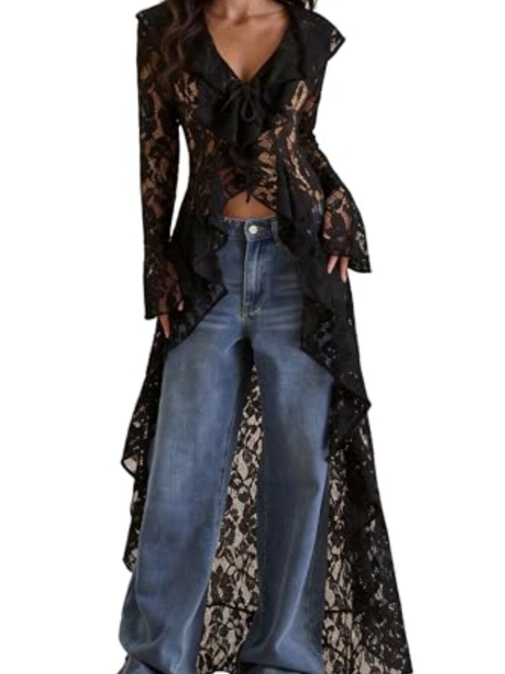 Lace Cardigan Women Maxi Lightweight Open Front Tie Bell Long Sleeve Ruffled - Picture 2 of 7
